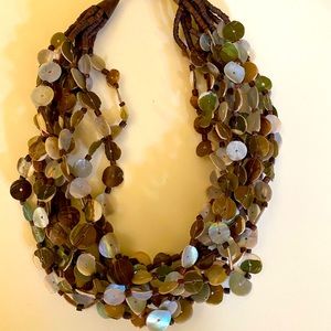 Plastic Multi-Disc Necklace- 19" Long Multi-Layered- Brown, Tan, Off White